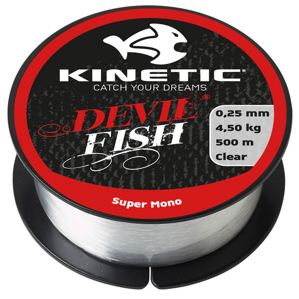 Kinetic Super Mono 0,45mm snøre i en rulle, klar til brug.