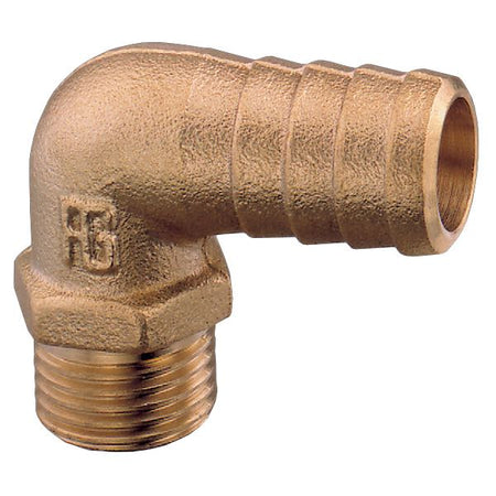 Guidi slangestuds i messing med 90° udvendig gevind, set fra siden.