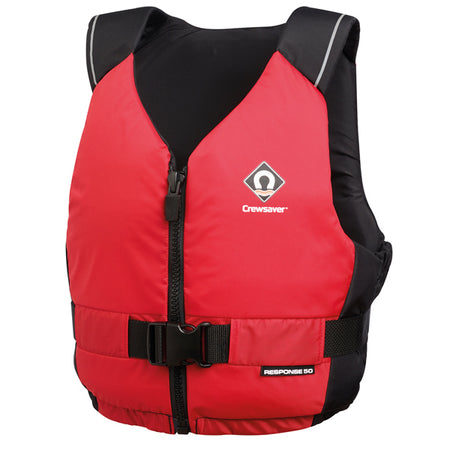 Crewsaver Response 50N flydevest i rød, set bagfra med synlige reflekser.