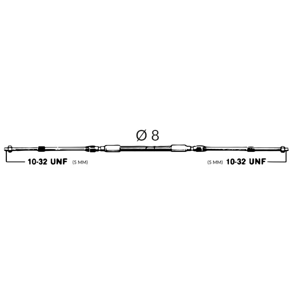 Ultraflex kontrolkabel czero 3,36 m, set fra siden med fokus på afslutninger.