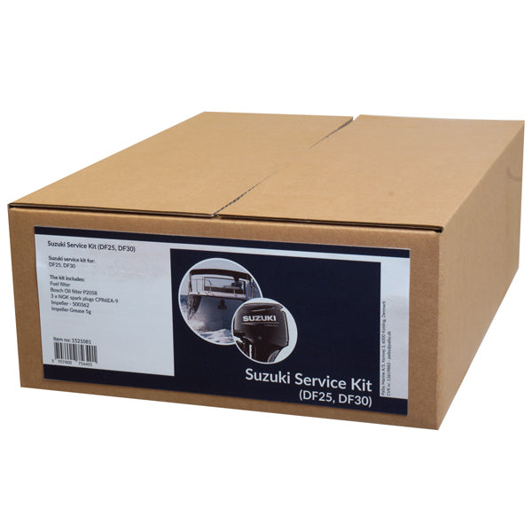 Indholdet af SeaTec Suzuki servicekit pakket i en kasse