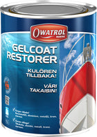Owatrol Gelcoat Restorer 1L stående med en båd i baggrunden